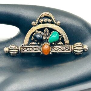 Vintage Southwestern Style Brooch - Antiqued Gold Tone with Faux Malachite